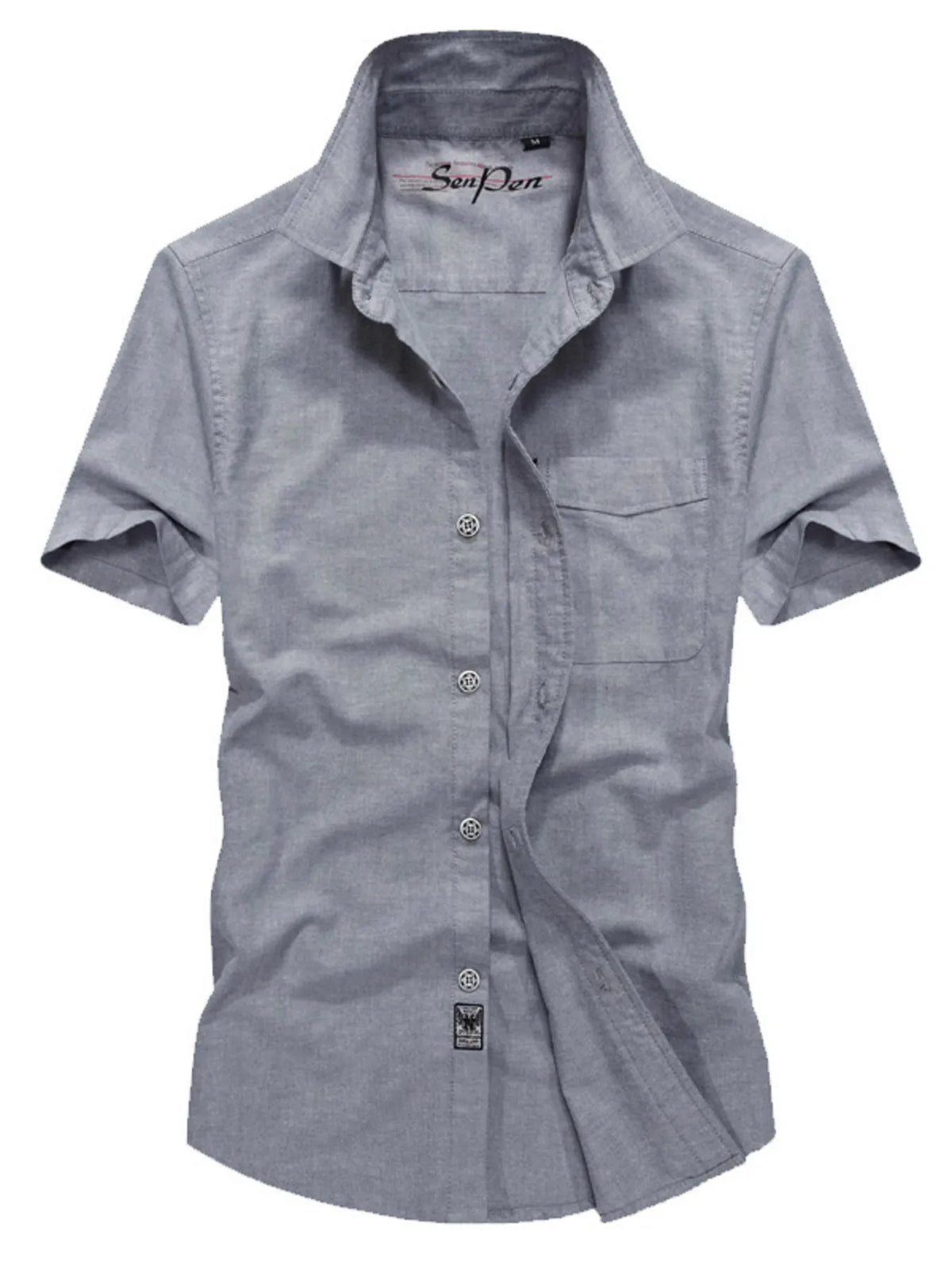 Men's short-sleeve button-down shirt in grey, chest pocket, button front