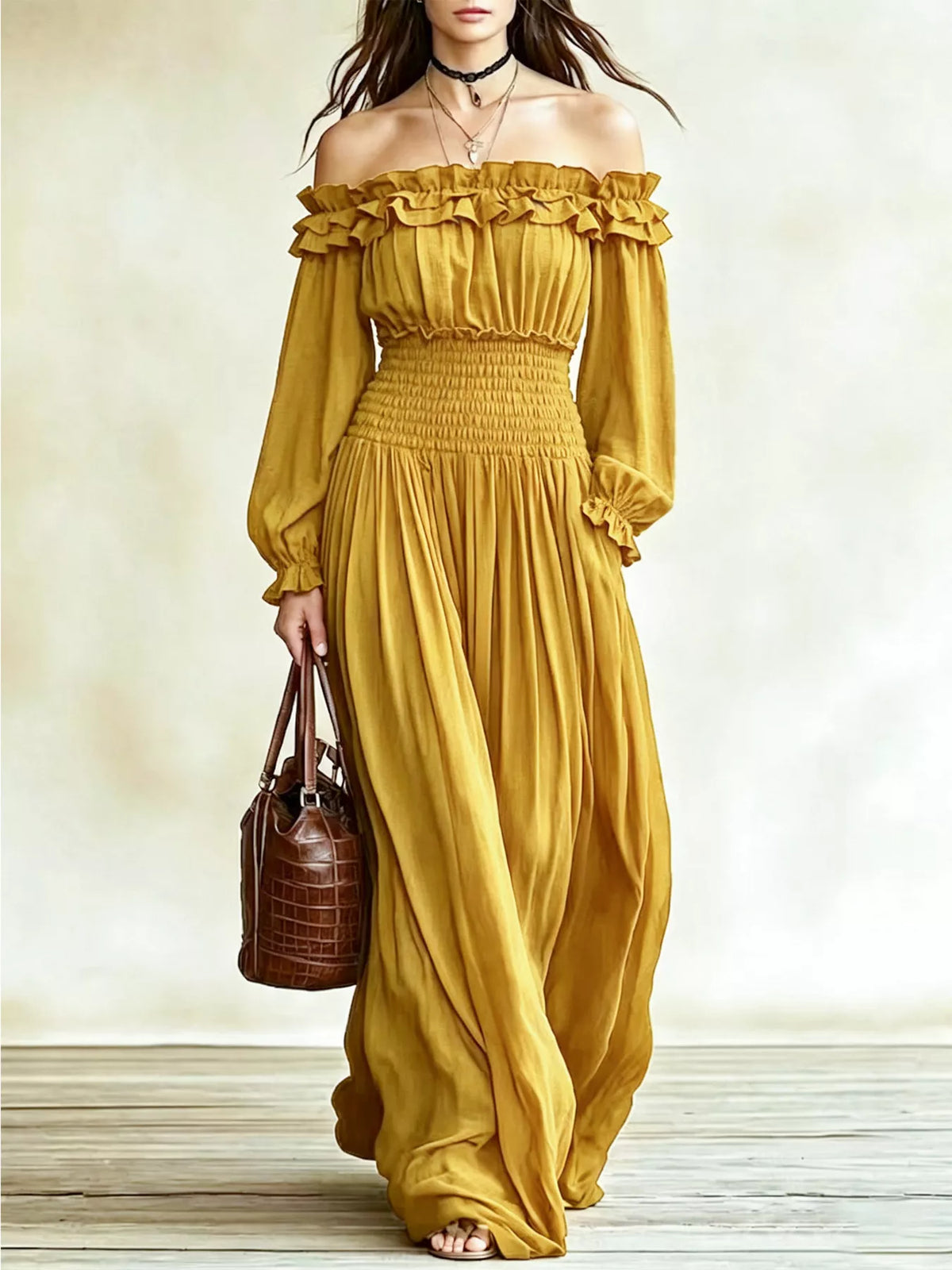 Mustard off-shoulder ruffled maxi dress with smocked waist and long puff sleeves