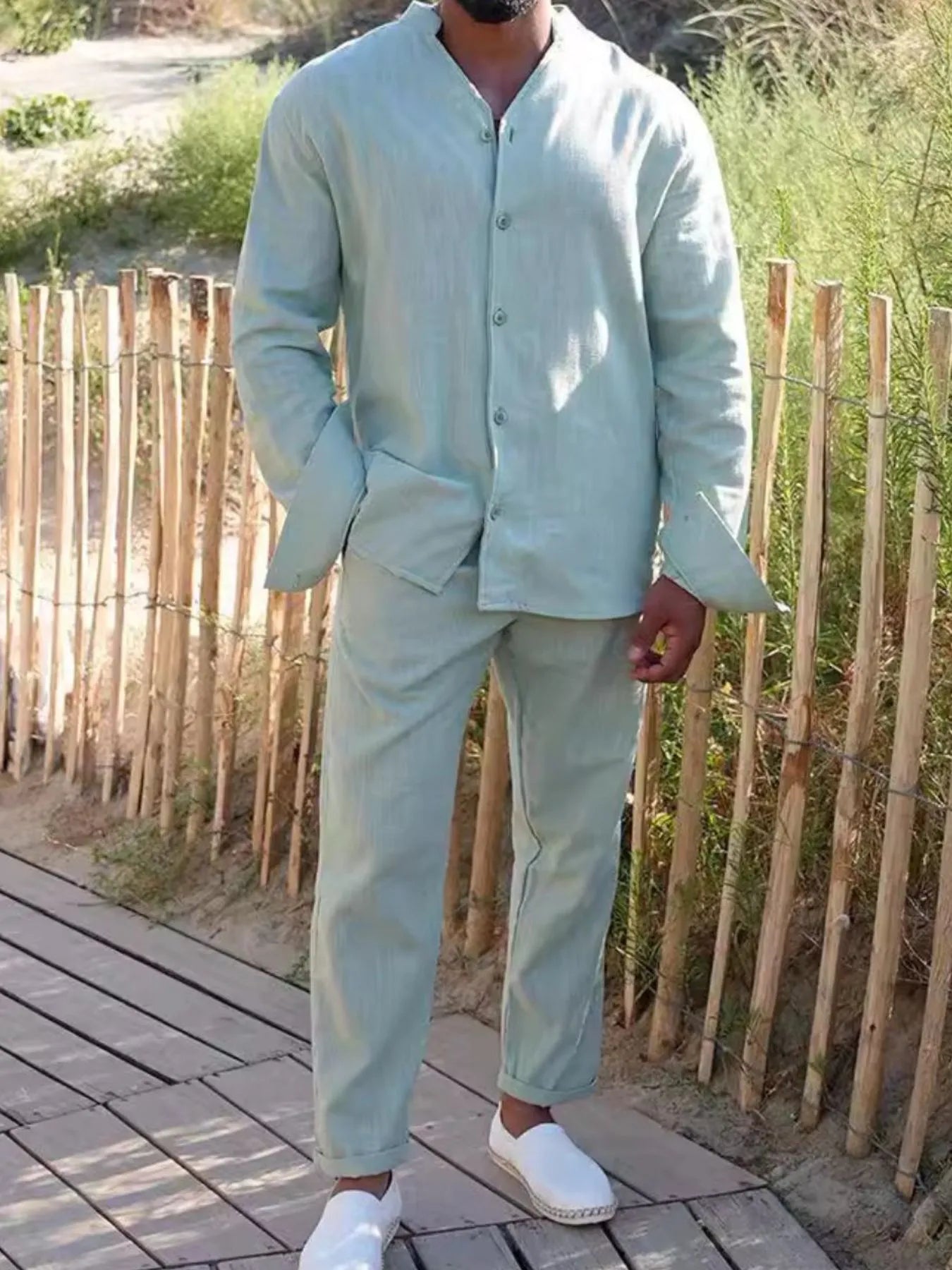 Men's button-up long sleeve shirt and pants set, light blue, twist-front detail