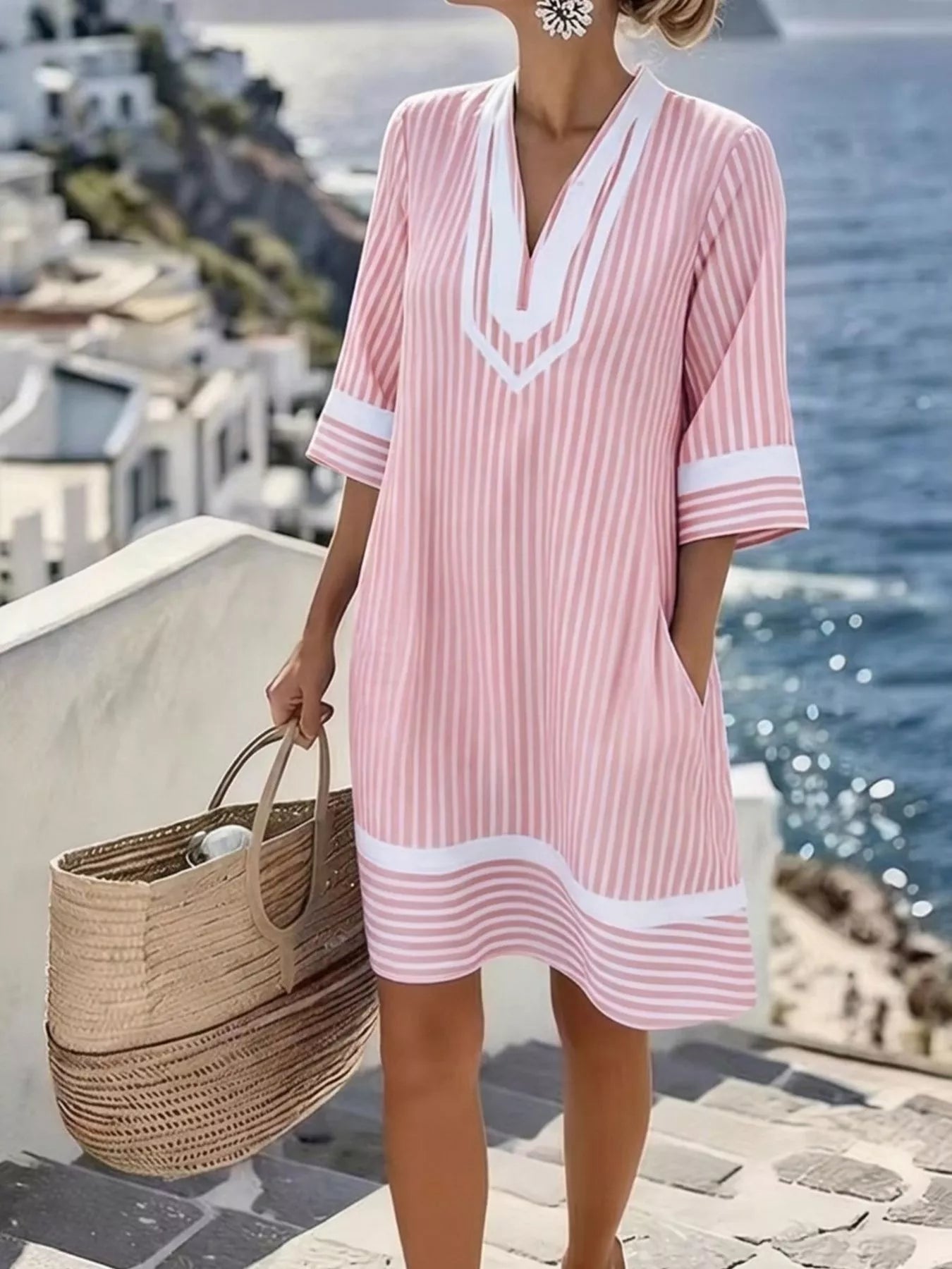 Striped V-neck casual dress in pink and white, elbow sleeves, wavy hem band