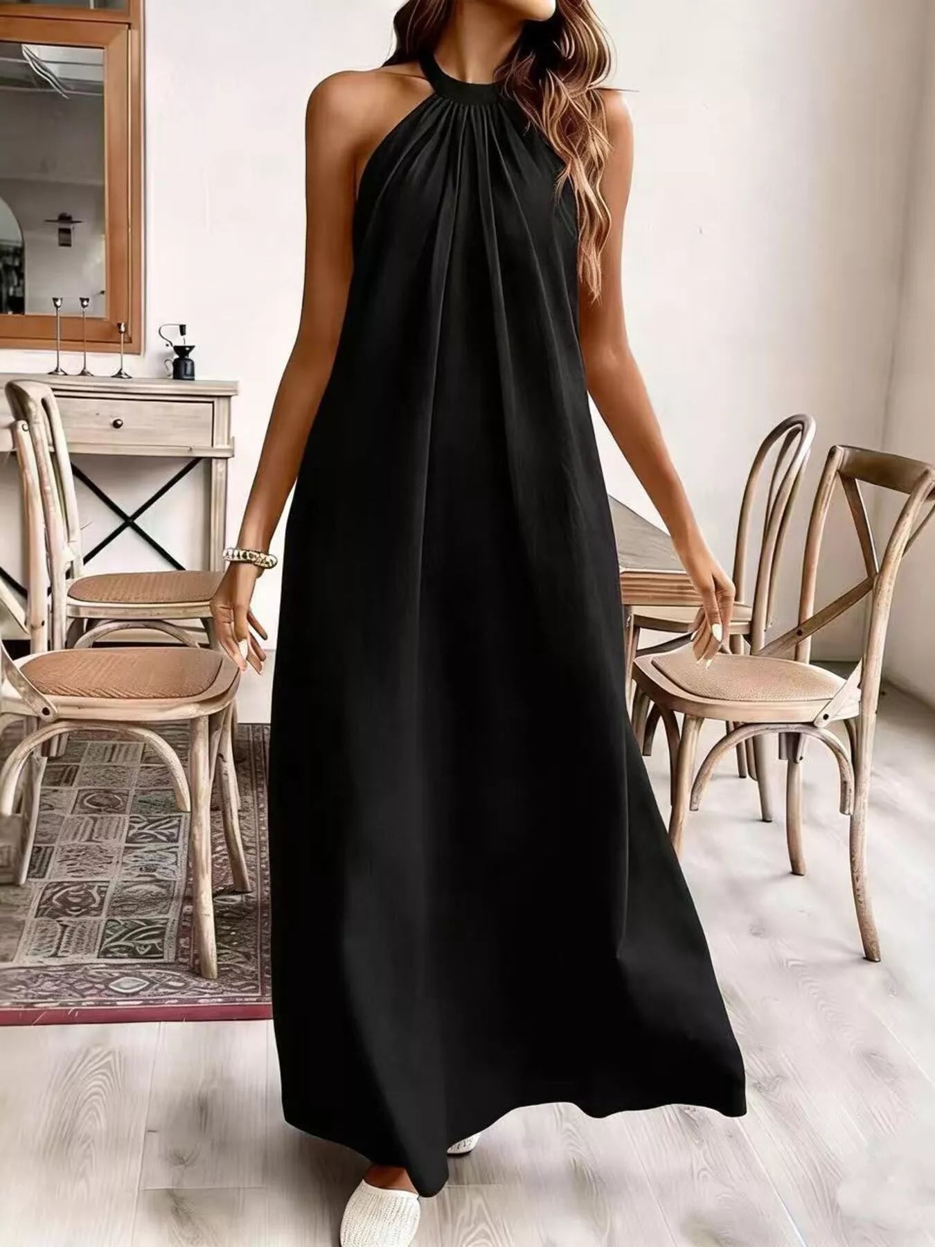 Yellow halter neck maxi dress with gathered halter neckline and sleeveless fit