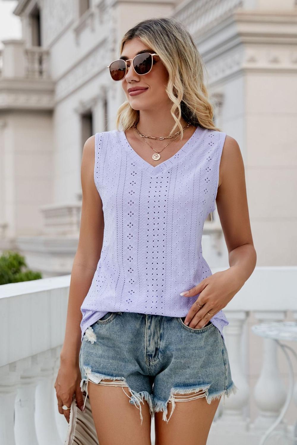 Lavender eyelet V-neck tank top with vertical eyelet pattern and sleeveless cut