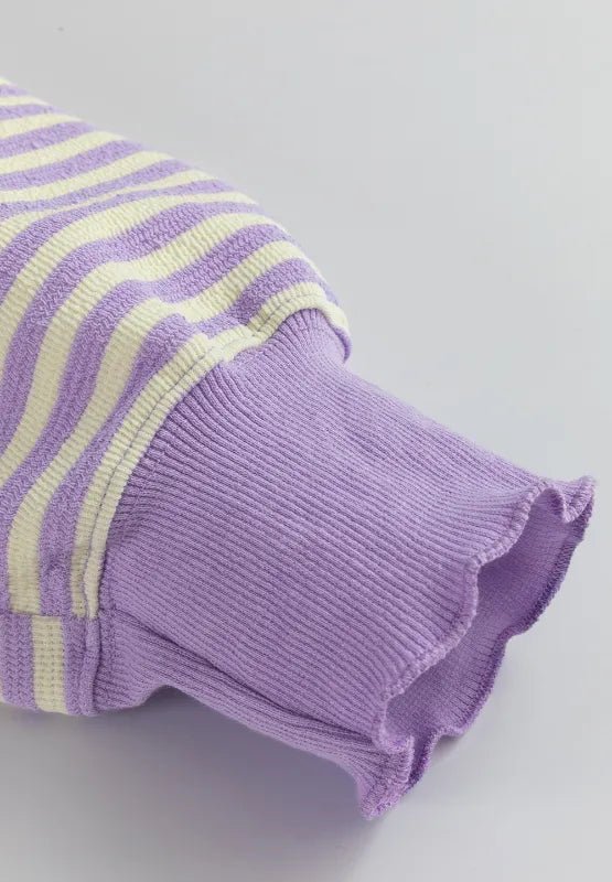 Lavender striped long-sleeve sweatshirt with ribbed cuffs and round neckline