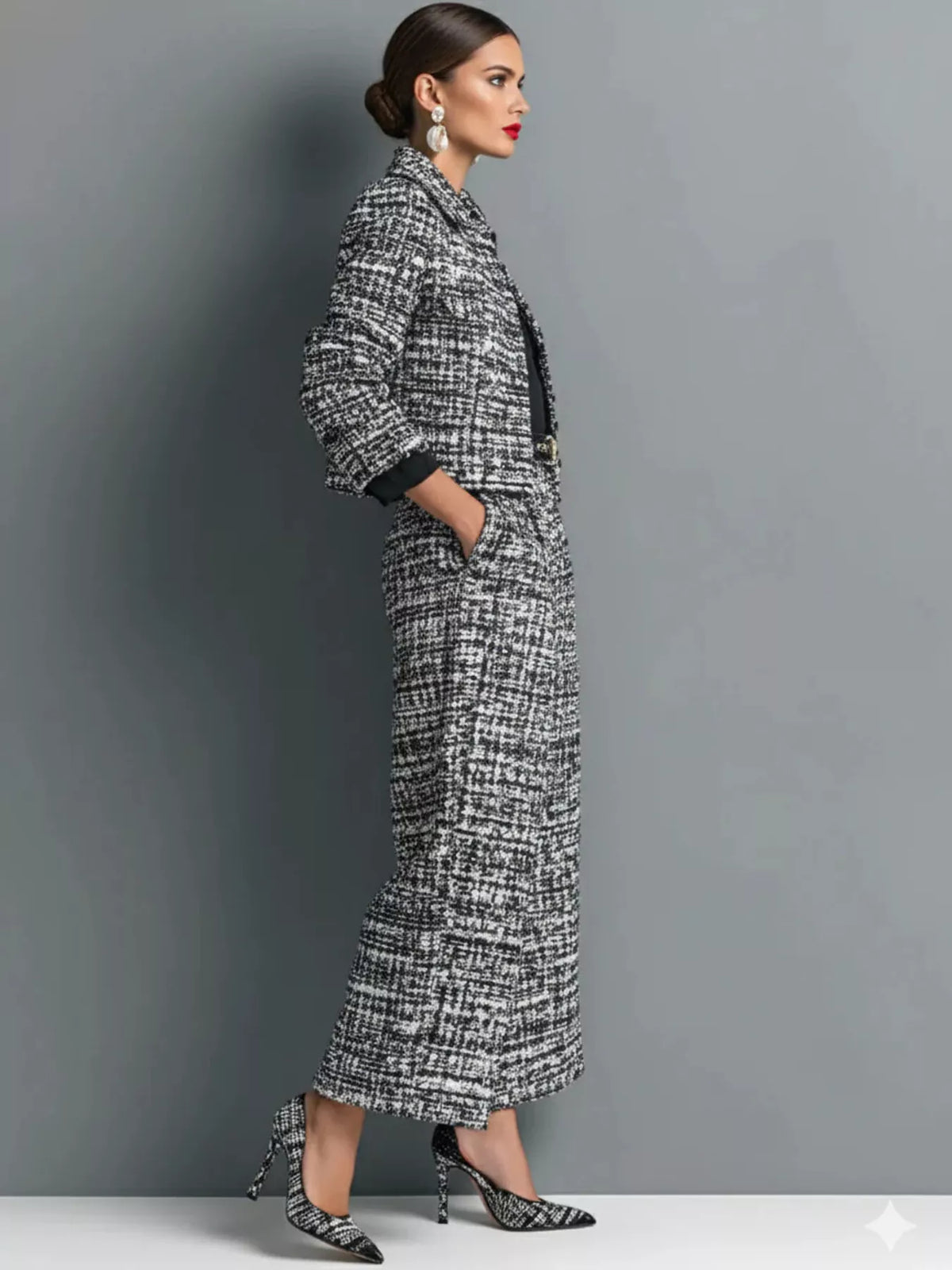 Black tweed blazer and wide-leg pants set, side view