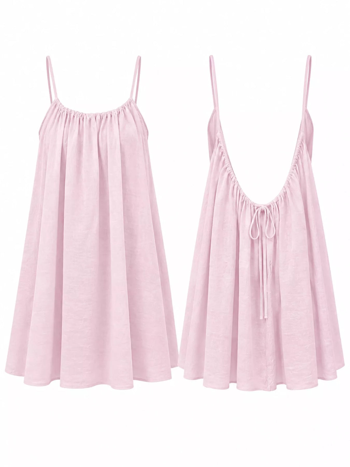 Light pink spaghetti-strap ruched mini dress shown front and back views