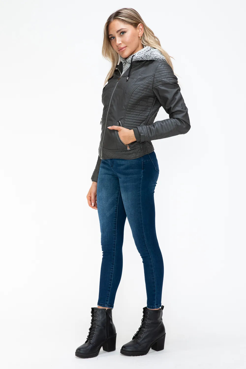 Charcoal double-zipper jacket with fuzzy hood trim and zipper front