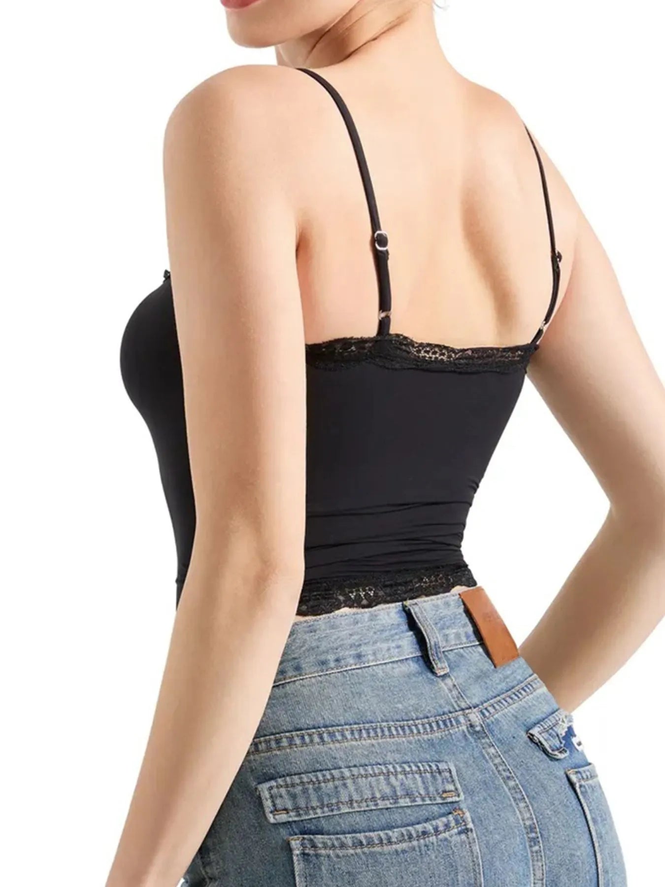 Black lace-trim cami top, thin straps and lace trim along neckline and hem