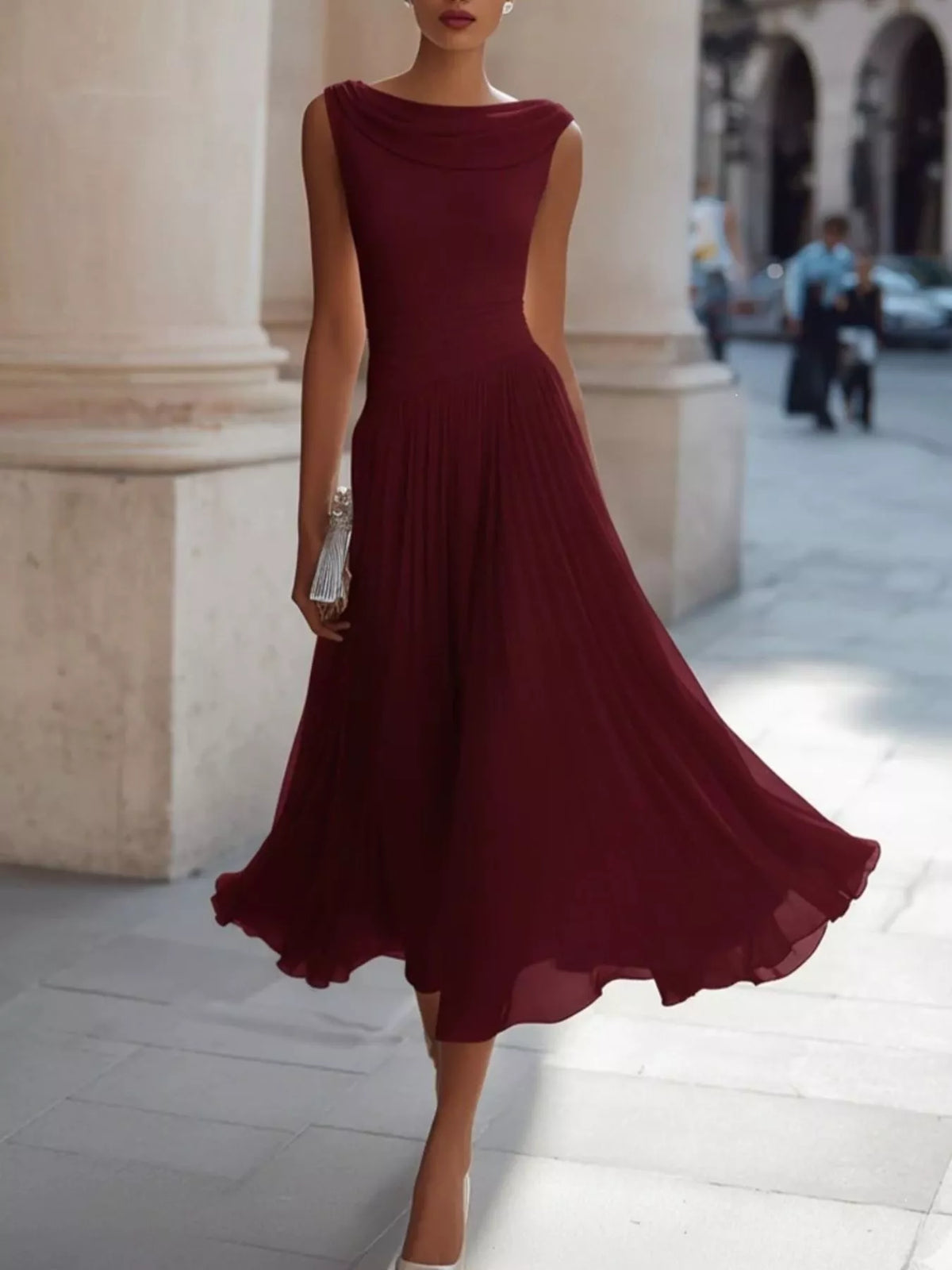 Wine red stretchy sleeveless cowl neck midi dress with gathered pleated skirt