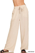Zenana woven crepe elastic band pants in sand beige, wide-leg with drawstring