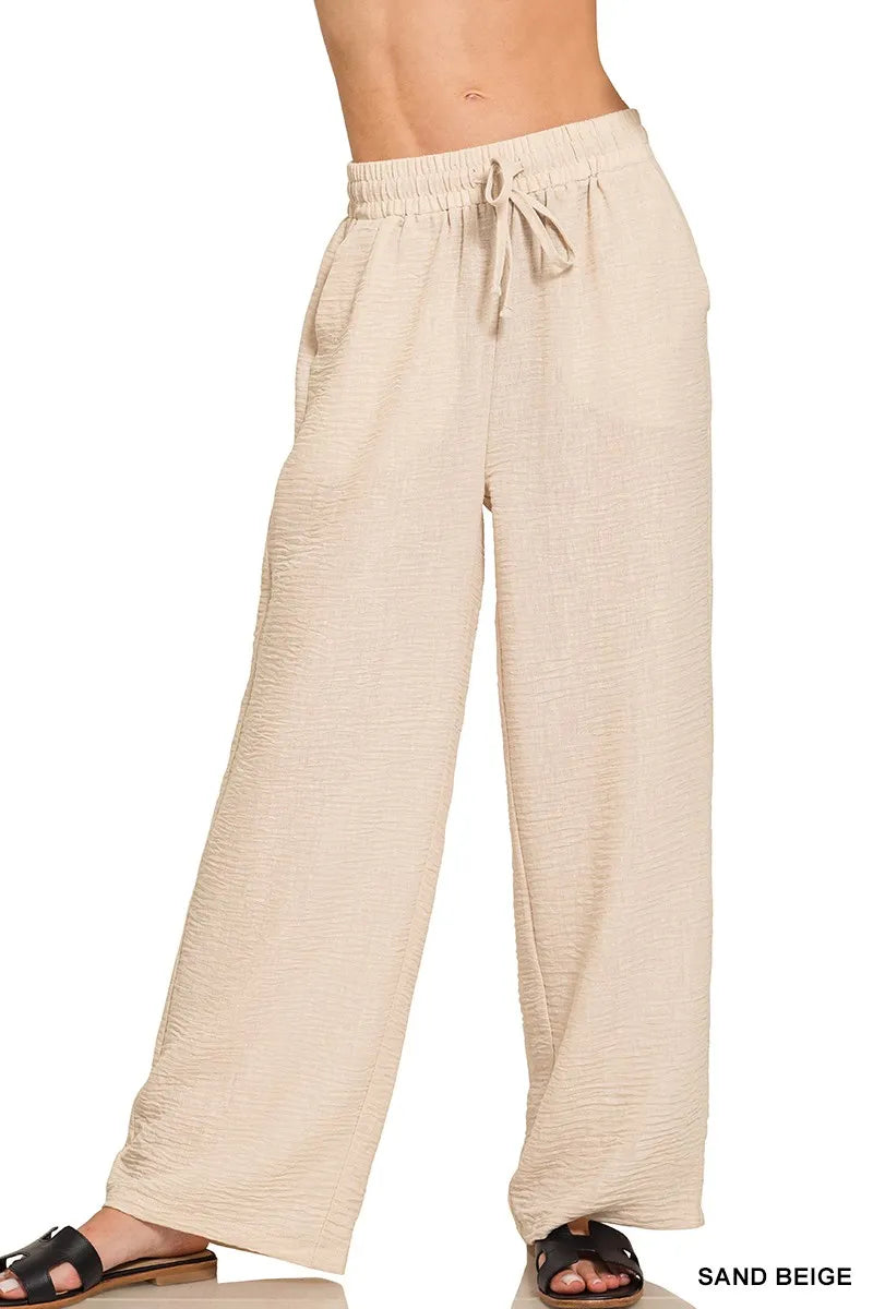 Zenana woven crepe elastic band pants in sand beige, wide-leg with drawstring