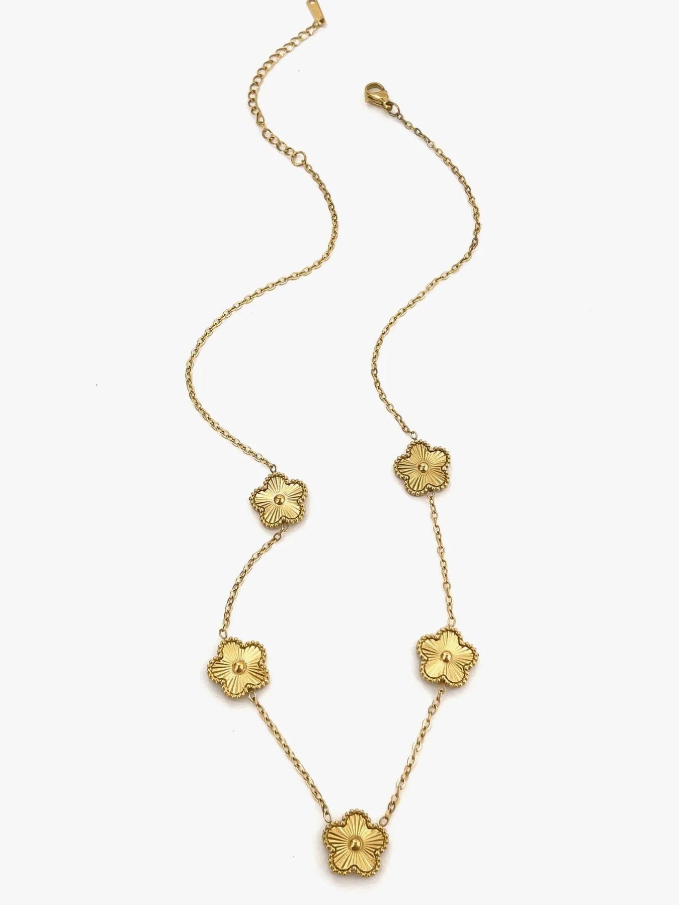 Gold-plated flower chain necklace with five small gold flower medallion charms