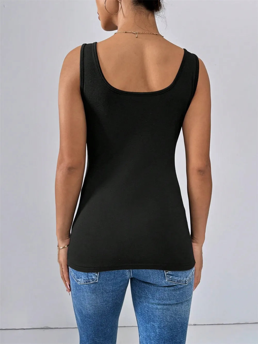 Black wide-strap tank top, scoop neckline, back view