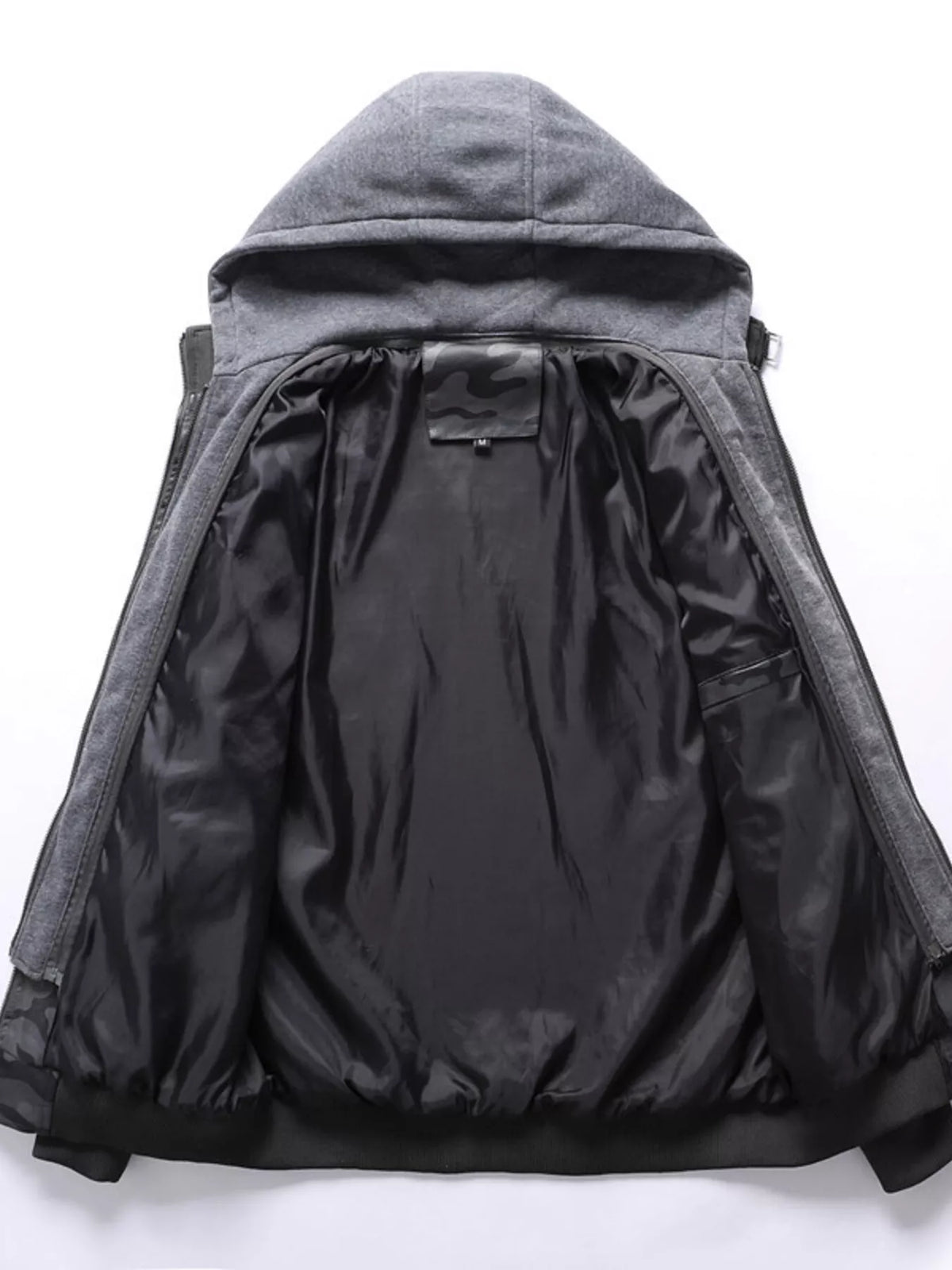 Grey hooded vegan leather jacket back view with black inner lining