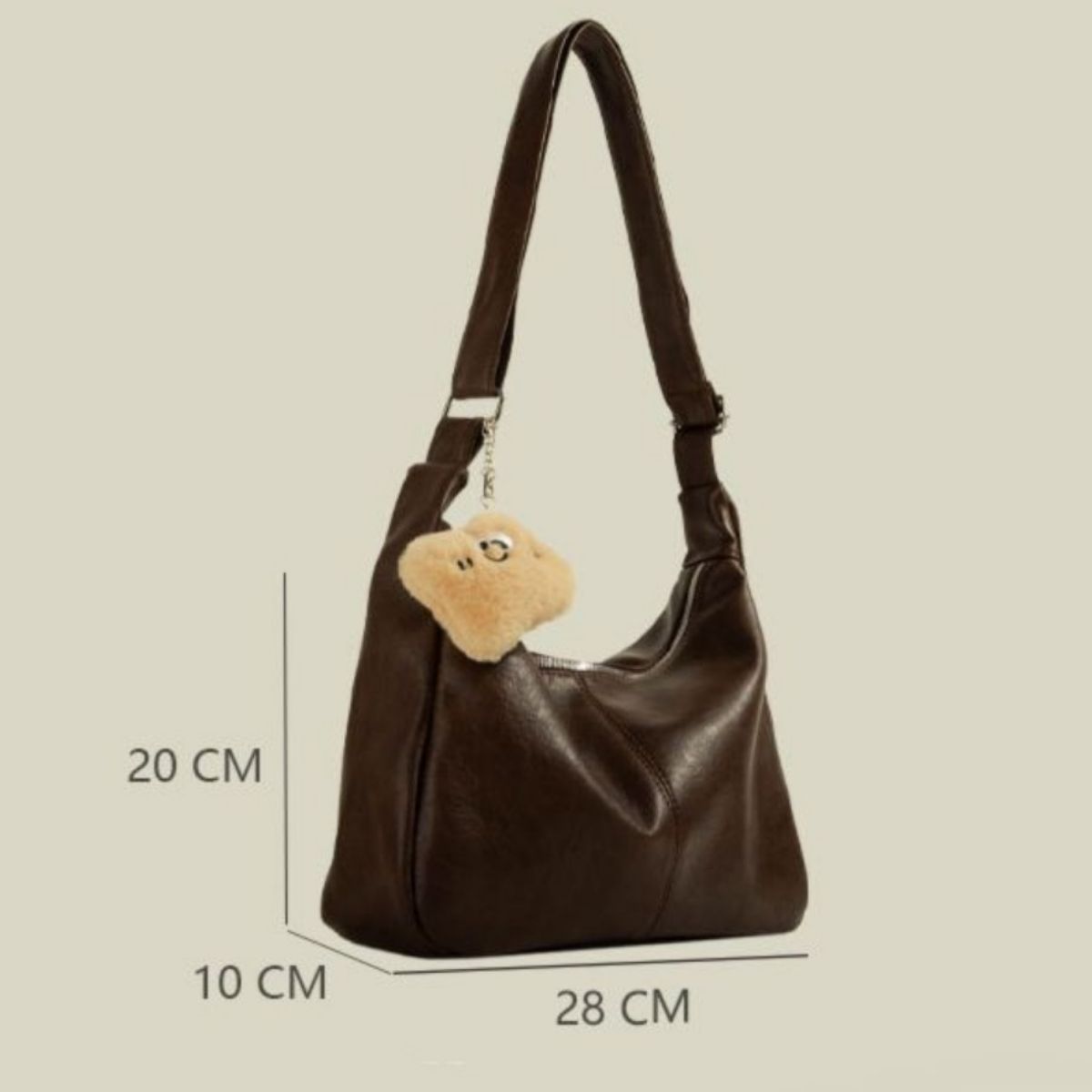 Adjustable Strap Shoulder Bag, brown PU leather, medium size with teddy bear charm