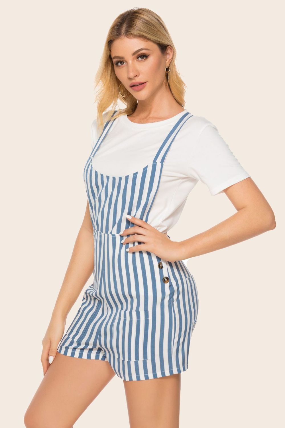 Striped scoop-neck romper with white tee and blue-and-white striped overall bib