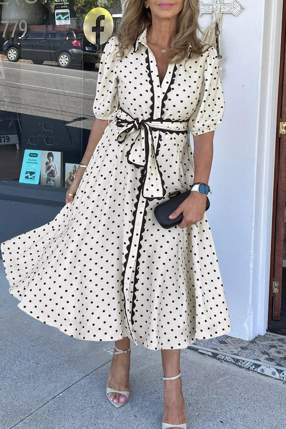 Cedar & Moore Polka Dot Half Sleeve Midi Dress, ivory with black dots, belted and buttoned.