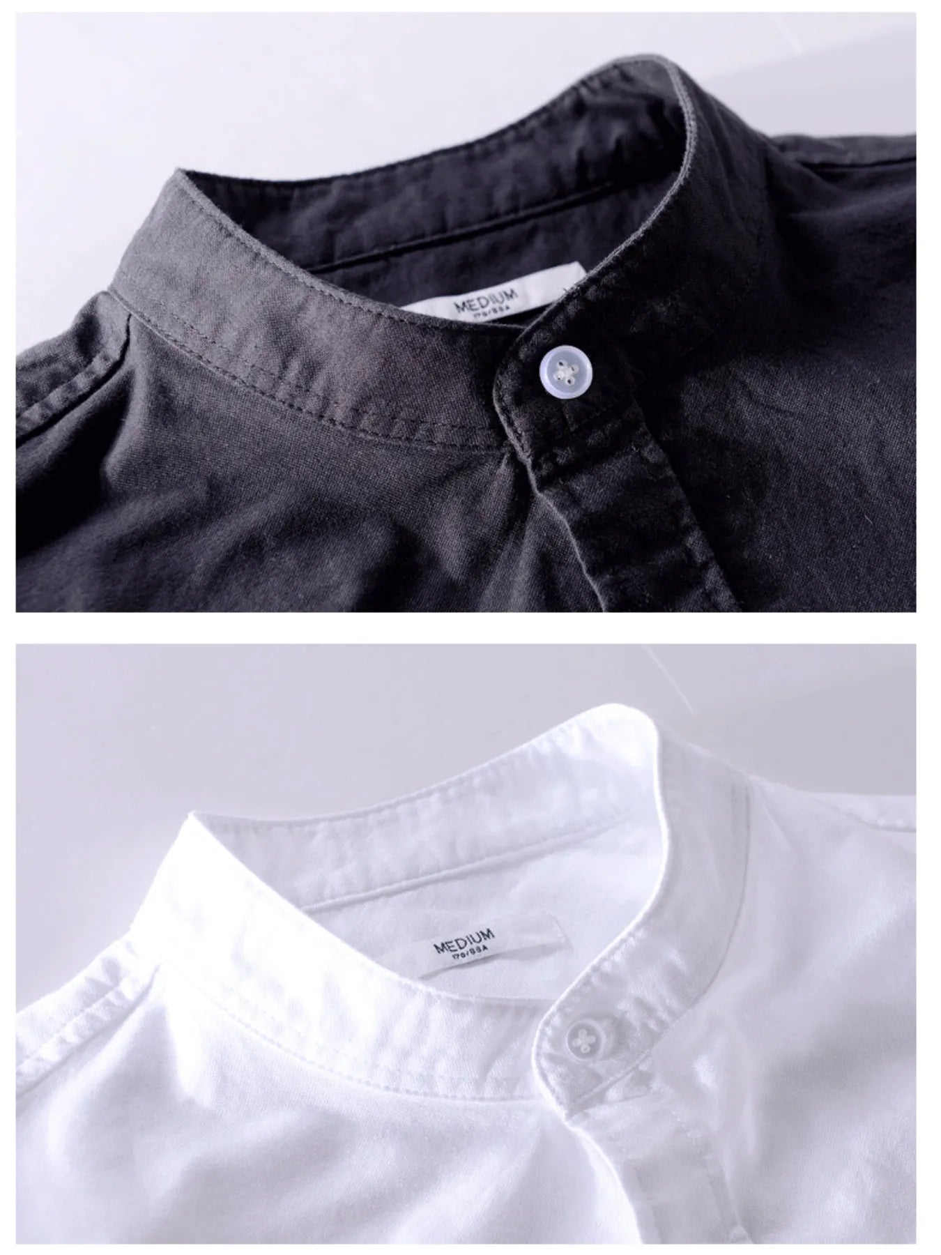 Long-sleeve button-up shirt set, dark and white fabrics shown with buttoned collars