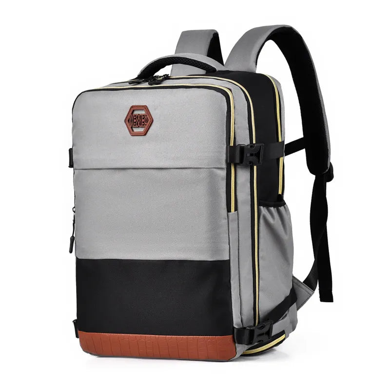 Multi-pocket backpack bag with light gray front, black lower panel, brown bottom; buckles