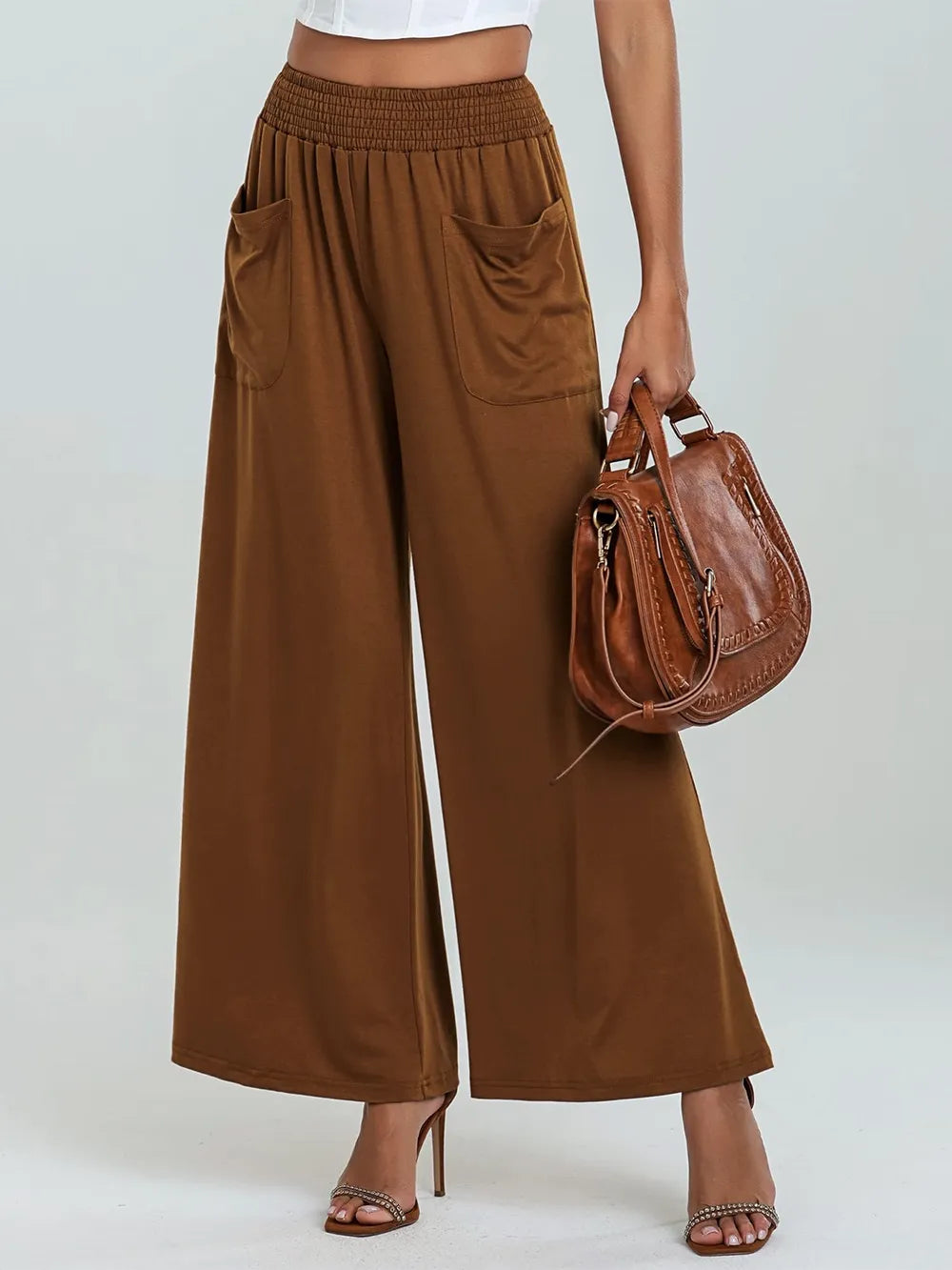 Caramel-brown elastic-waist wide-leg pants with side pockets and pleats