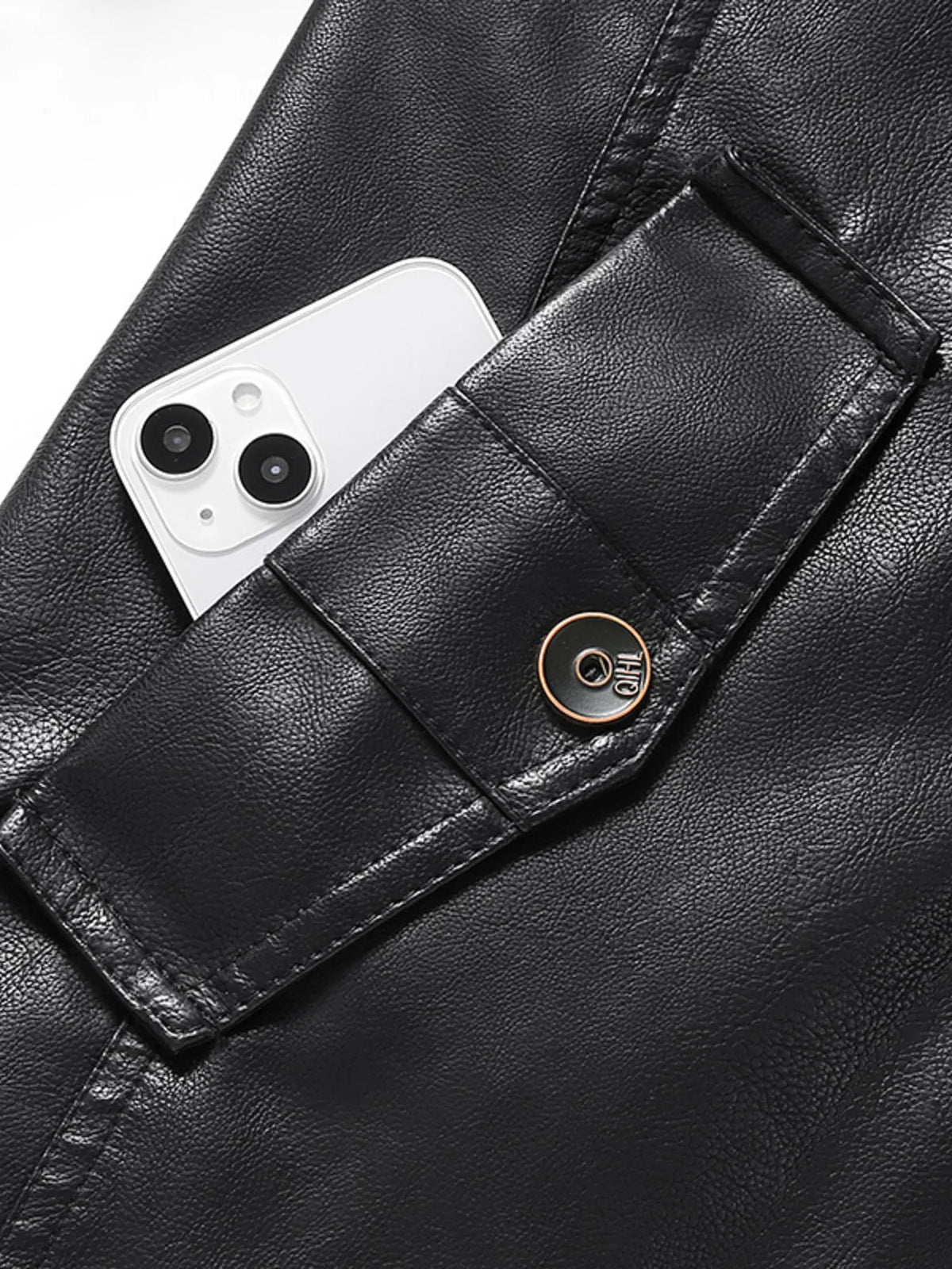 Men’s black vegan leather jacket flap pocket with snap and phone in pocket
