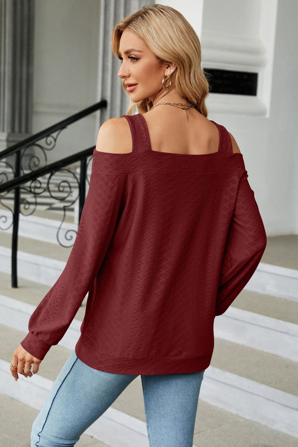 Burgundy cold-shoulder square-neck cutout blouse with long sleeves, back view