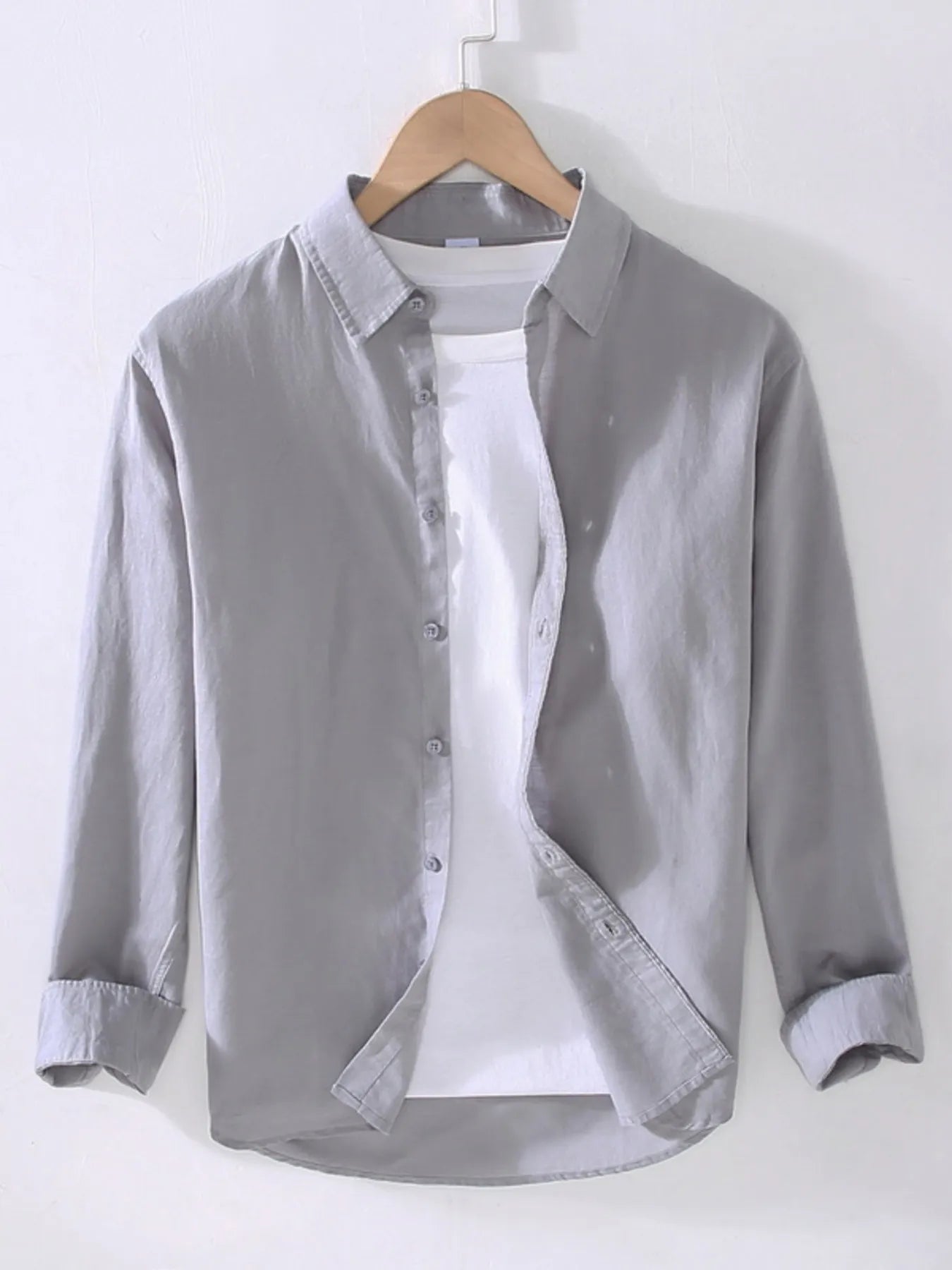 Gray short-sleeve button-up shirt with point collar and front button placket