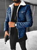 Dark blue denim jacket with sherpa lining, button front and chest pockets