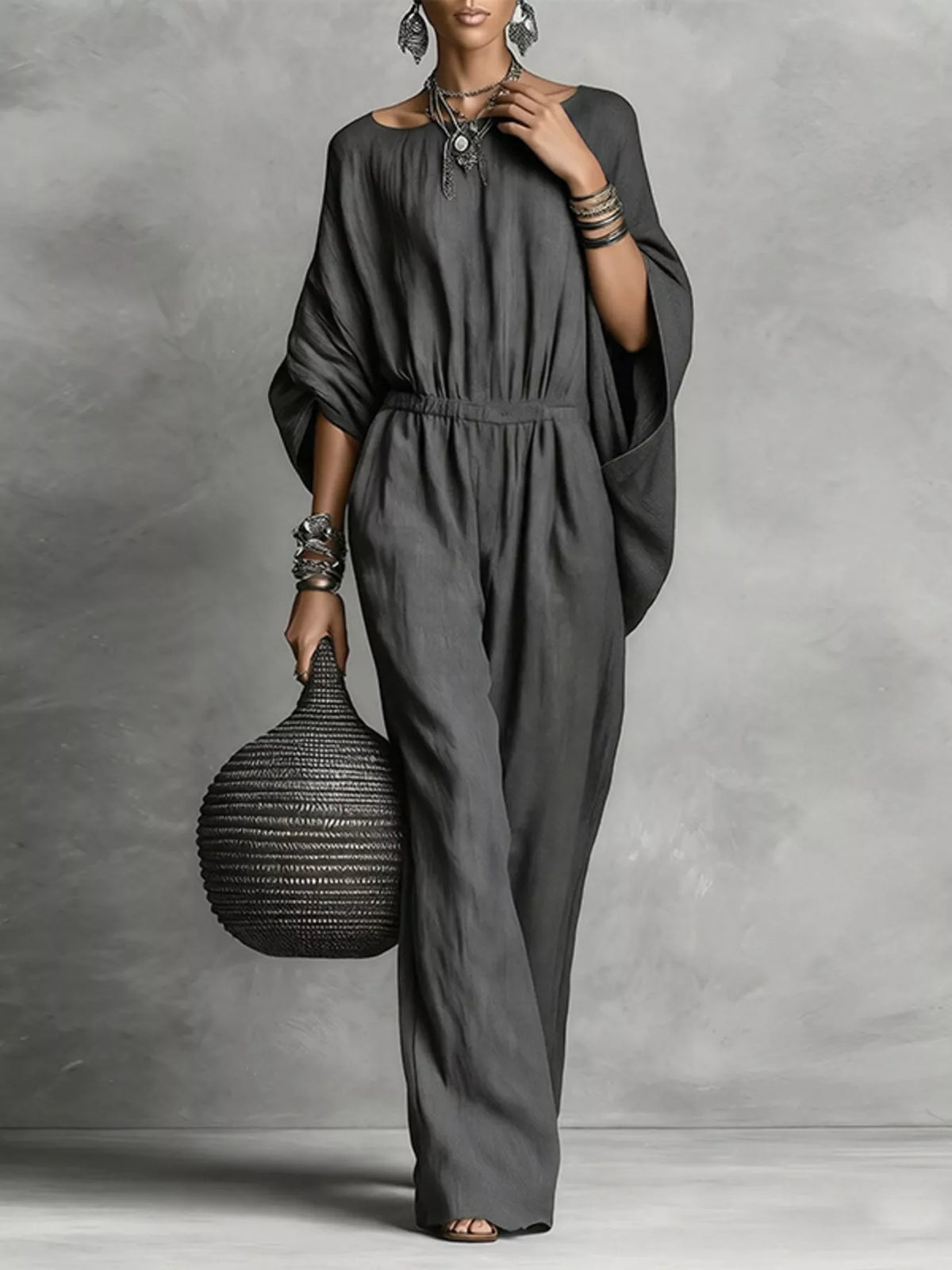 Women's dark gray boat-neck batwing wide-leg jumpsuit with pockets and elastic waist